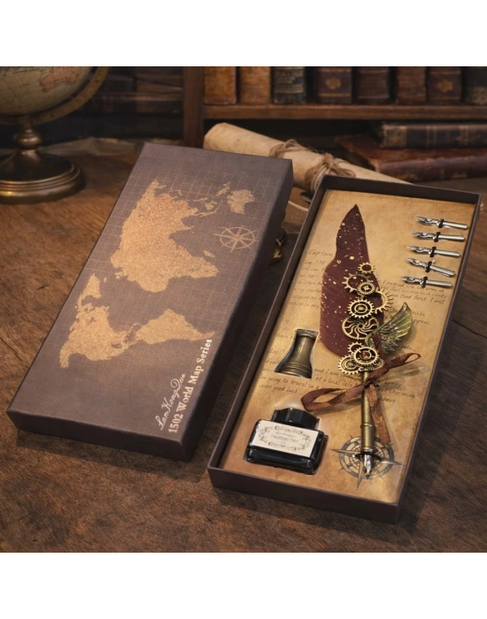 Vintage Tüylü Divit Kalem Hediye Seti