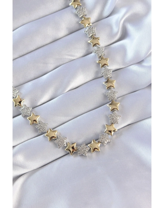 ® Vip Seri Pirinç Çift Renk Zirkon Taşlı Yıldız Tasarımlı Kolye