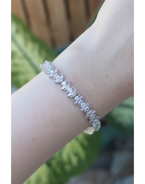 ® Vip Seri Pirinç Pembe Zirkon Taşlı Gümüş Renk Baget Model Bileklik