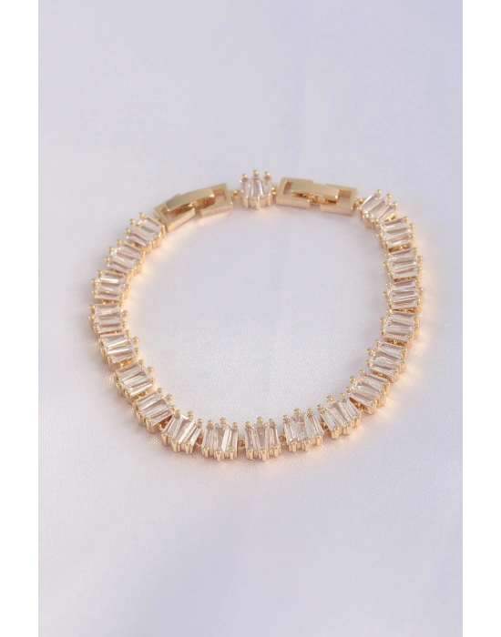 ® Vip Seri Pirinç Zirkon Taşlı Gold Renk Kare Su Yolu Model Bileklik