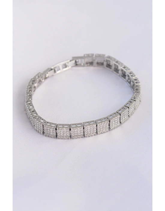 ® Vip Seri Pirinç Zirkon Taşlı Gümüş Renk Kare Su Yolu Model Bileklik