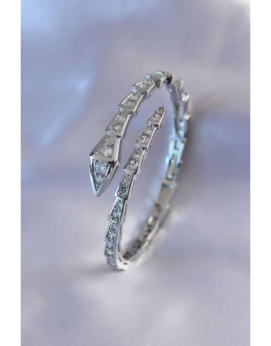 VIP Seri Yılan Model Gümüş Renk Kadın Kelepçe Bileklik