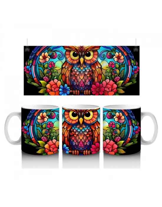 Vitray Baykuş Deseni – Renkli Sanat – Baskılı Kupa