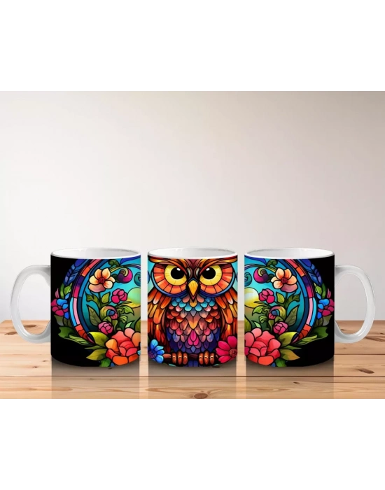 Vitray Baykuş Deseni – Renkli Sanat – Baskılı Kupa