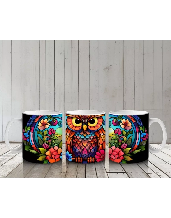 Vitray Baykuş Deseni – Renkli Sanat – Baskılı Kupa