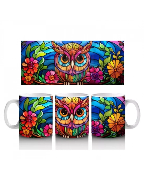 Vitray Baykuş Desenli – Renkli Sanat – Baskılı Kupa