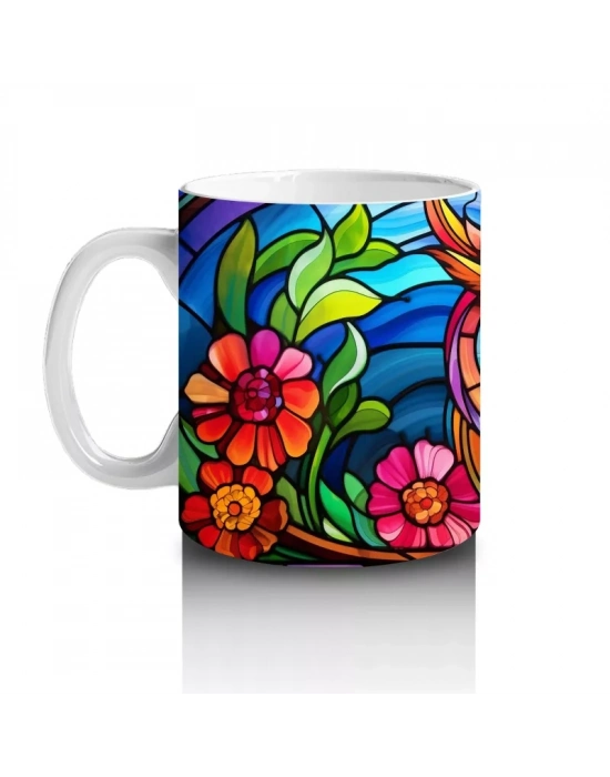 Vitray Baykuş Desenli – Renkli Sanat – Baskılı Kupa