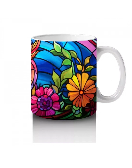 Vitray Baykuş Desenli – Renkli Sanat – Baskılı Kupa