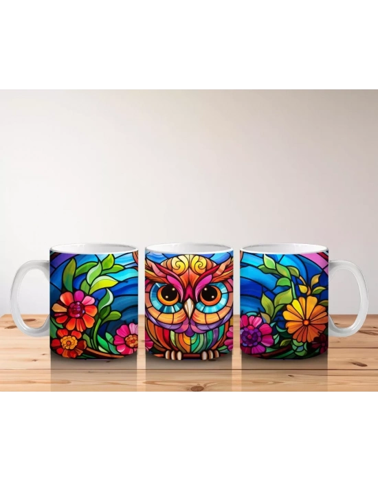 Vitray Baykuş Desenli – Renkli Sanat – Baskılı Kupa