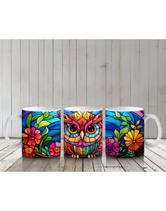 Vitray Baykuş Desenli – Renkli Sanat – Baskılı Kupa