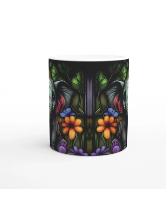 Vitray Stil Çiçekli Fil Temalı Sevimli Kupa Bardak