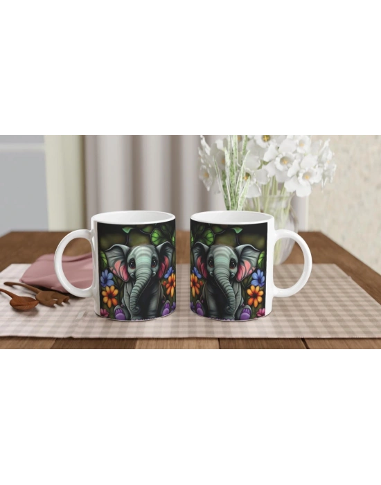 Vitray Stil Çiçekli Fil Temalı Sevimli Kupa Bardak