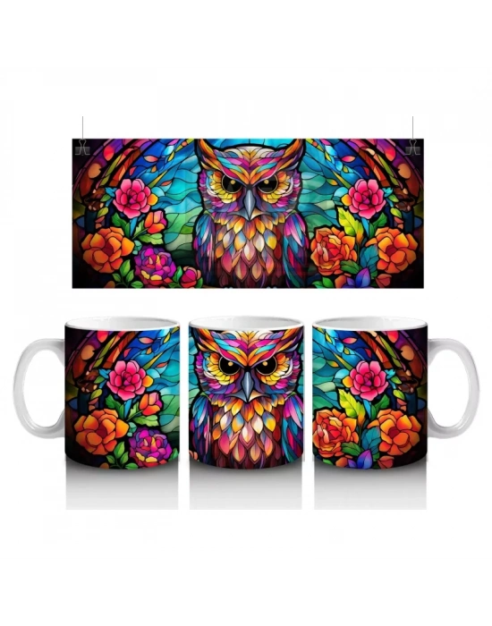 Vitray Tarzı Renkli Baykuş İllüstrasyonu – Baskılı Kupa