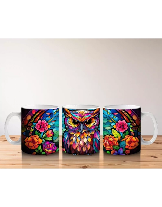 Vitray Tarzı Renkli Baykuş İllüstrasyonu – Baskılı Kupa
