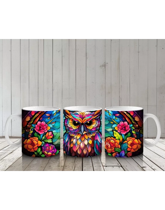 Vitray Tarzı Renkli Baykuş İllüstrasyonu – Baskılı Kupa