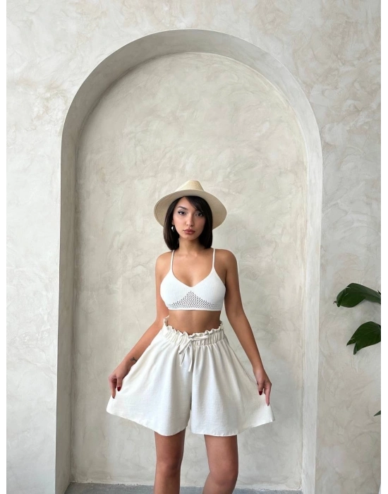 Volanlı keten şort bej s255058