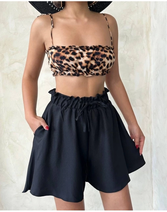 Volanlı keten şort siyah s255058