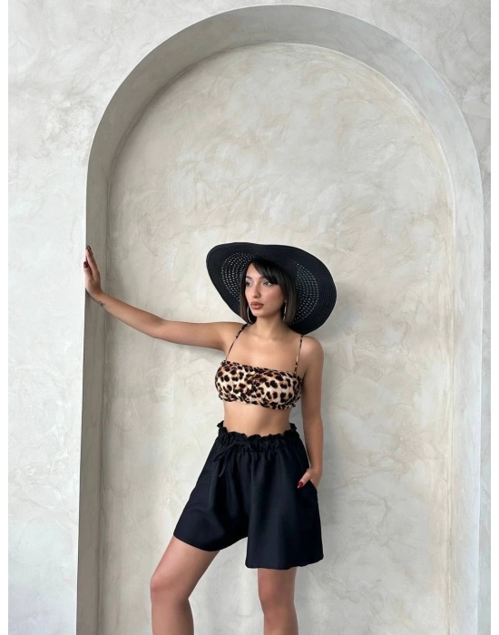 Volanlı keten şort siyah s255058