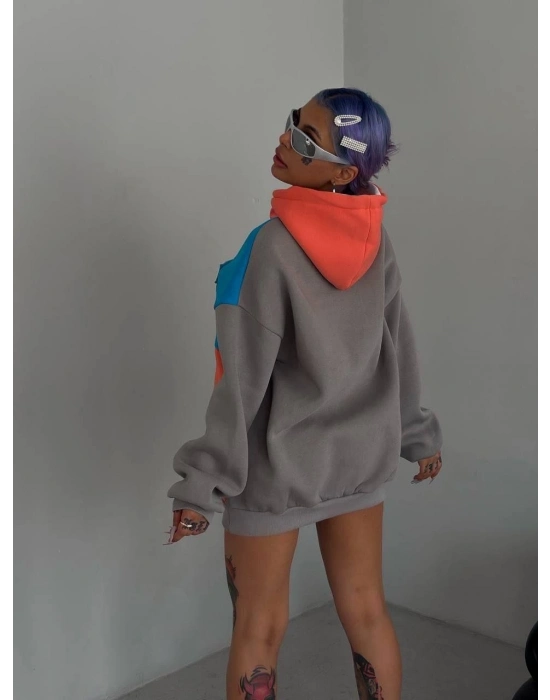 W Nakış İşlemeli Kapüşonlu Sweatshirt - Mavi