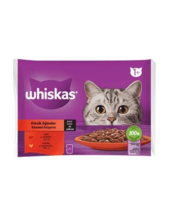 Whiskas Pouch Sos İçerisinde Sığır Etli ve Tavuklu Yetişkin Konserve Kedi Maması 1 Adet 4x85 Gr