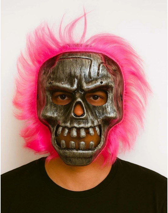 Wild Skull - Gümüş Kafatası Pembe Saçlı İskelet Maske