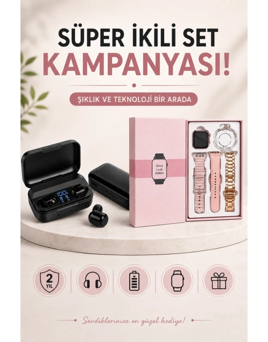 Wireless Şarjlı Pembe Akıllı Saat ve Kablosuz Bluetooth Kulaklık Dokunmatik Kontrol