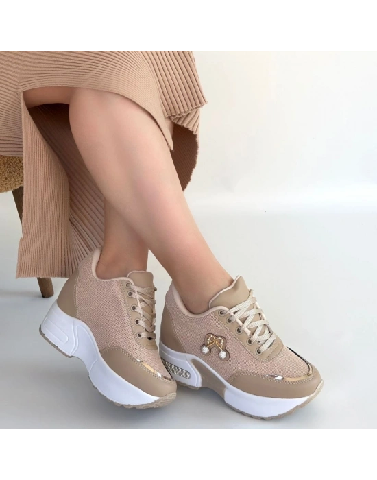 Wody Bej Cilt Simli Bağcıklı Spor Ayakkabı