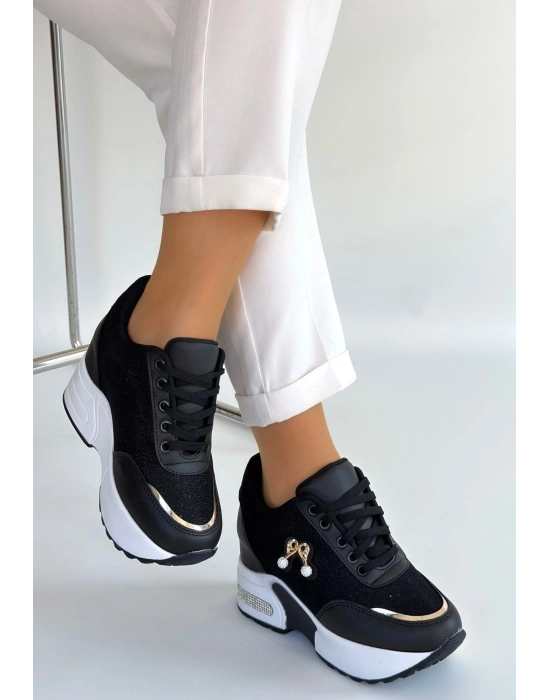 Wody Siyah Cilt Simli Bağcıklı Spor Ayakkabı