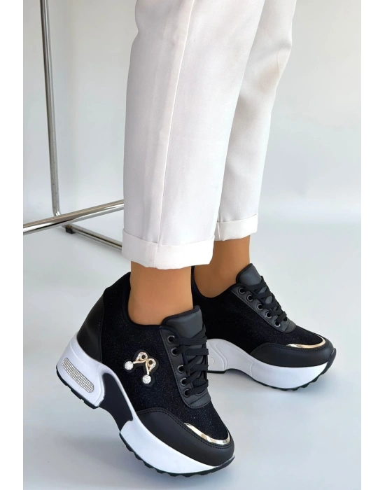 Wody Siyah Cilt Simli Bağcıklı Spor Ayakkabı