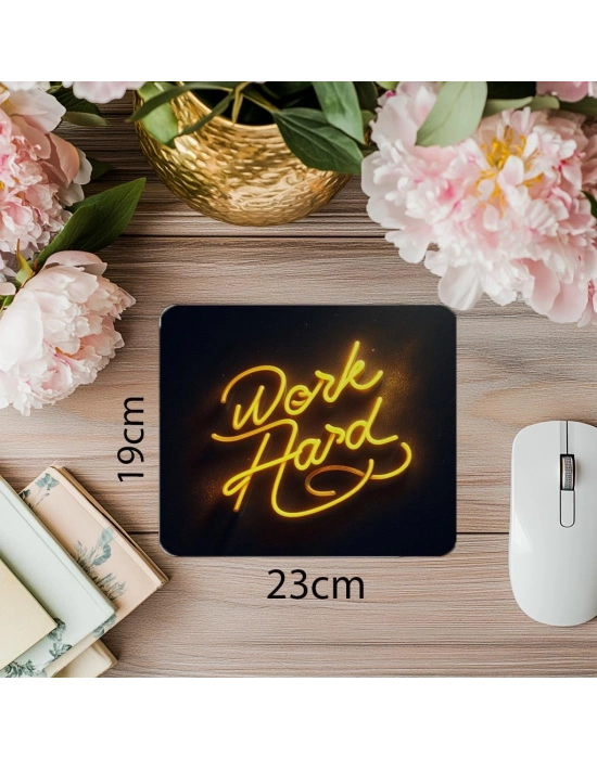 Work Hard Yazılı Koyu Zeminli Neon Mousepad - 19x23 cm 2 mm Dikdörtgen İthal Baskılı Mouse Pad