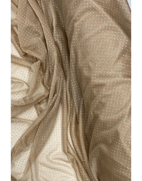 Yağmur Damlası Simli Abiye Elbise Şallık Tül Kumaş Açık Gold 28-A