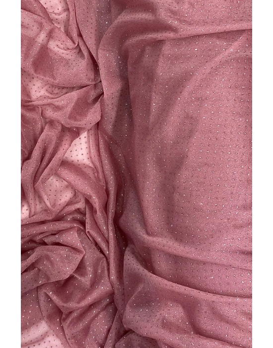 Yağmur Damlası Simli Abiye Elbise Şallık Tül Kumaş Gül Kurusu 32-H