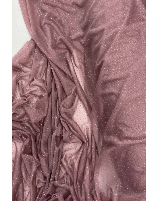 Yağmur Damlası Simli Abiye Elbise Şallık Tül Kumaş Koyu Gül Kurusu 36