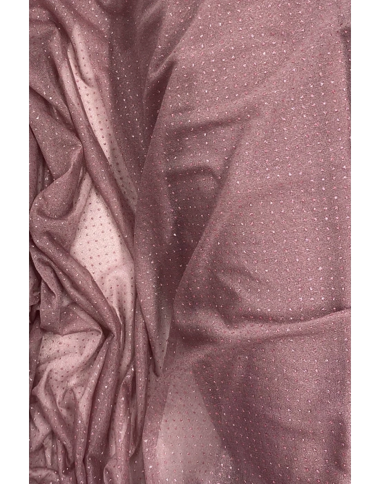 Yağmur Damlası Simli Abiye Elbise Şallık Tül Kumaş Koyu Gül Kurusu 36