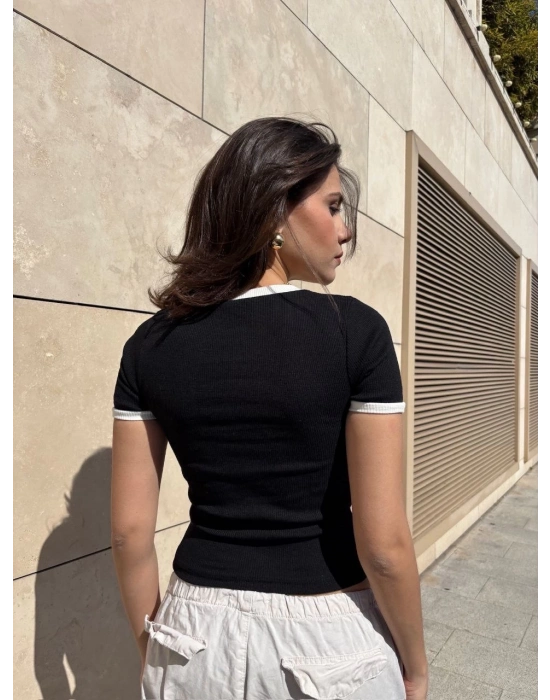 Yaka kol garnili ön parçalı bluz