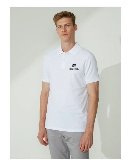 Yakası Düğmeli Yakalı Pike Baskılı T-Shirt - Beyaz