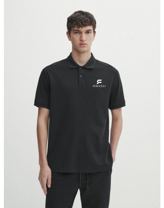 Yakası Düğmeli Yakalı Pike Baskılı T-Shirt - Beyaz -