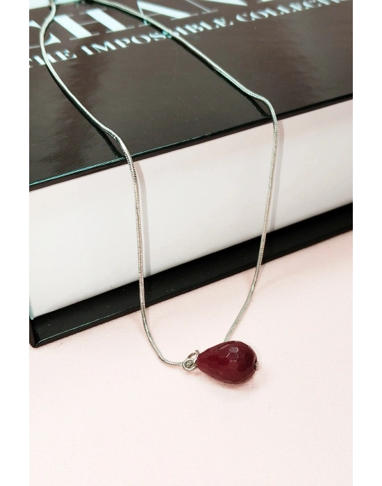 Yakut Doğal Taşı Zincirli El Yapımı Kolye Uç: 1,5 cm Zincir: 20 cm Kutulu