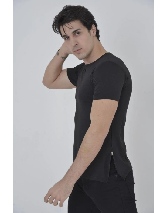 Yandan Fermuarli Slim fit T-shirt - Siyah -