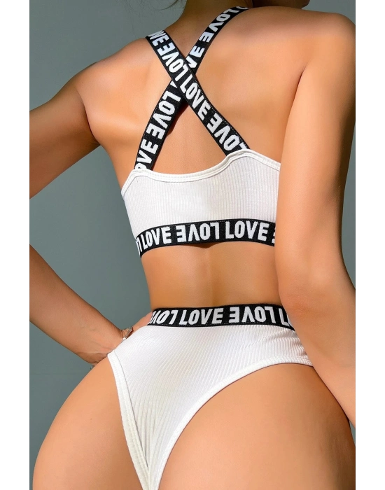 Kadın Beyaz Çapraz Sırt Ve Love Yazı Detaylı Iç Çamaşır Takımı