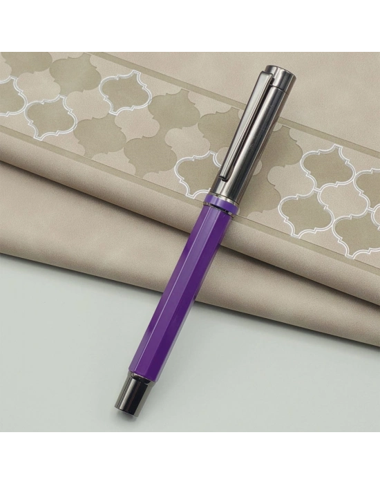 Yaprak Desenli Mor Deri Defter Ve Metal Roller Kalem Seti