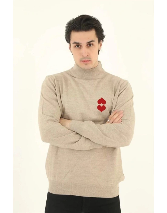 Yarım Boğazlı Baskılı Dokuma Triko - Bej -