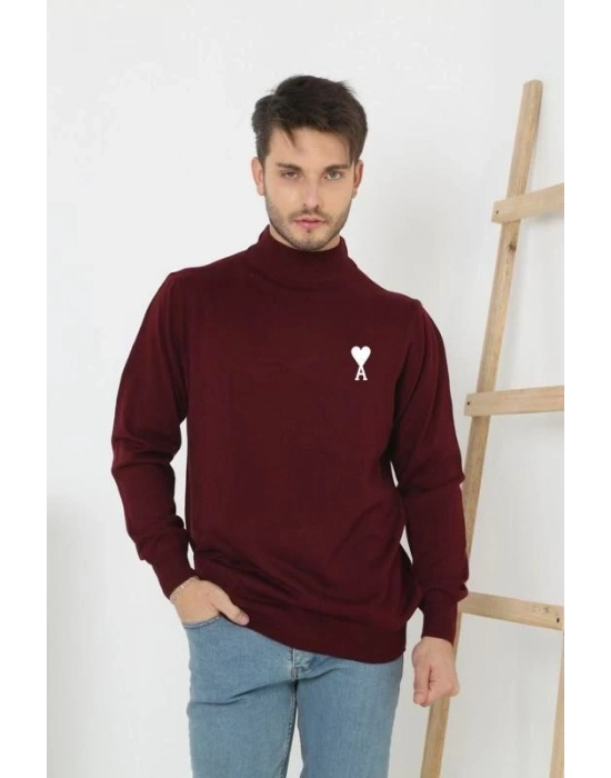 Yarım Boğazlı Baskılı Dokuma Triko - Bordo