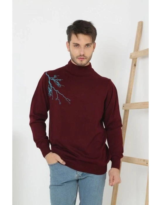 Yarım Boğazlı Baskılı Dokuma Triko - Bordo