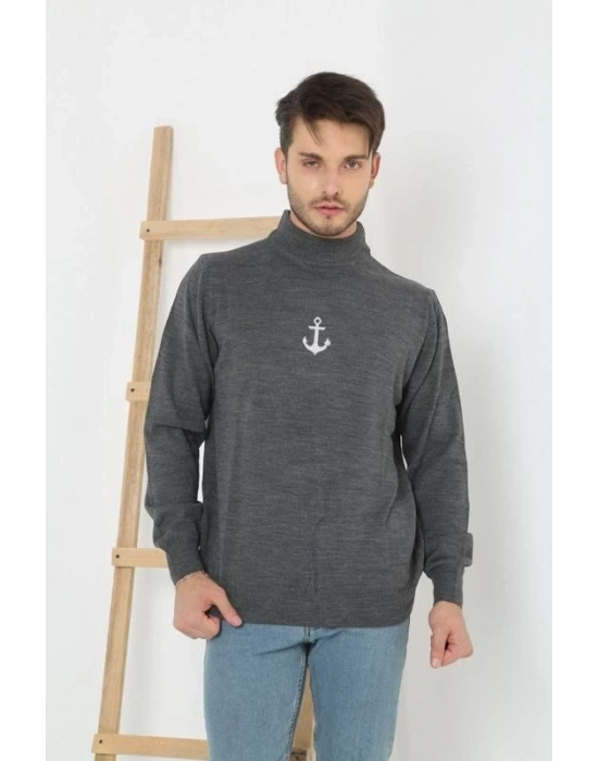 Yarım Boğazlı Baskılı Dokuma Triko - Füme -