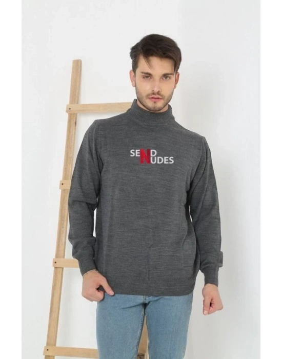 Yarım Boğazlı Baskılı Dokuma Triko - Füme -