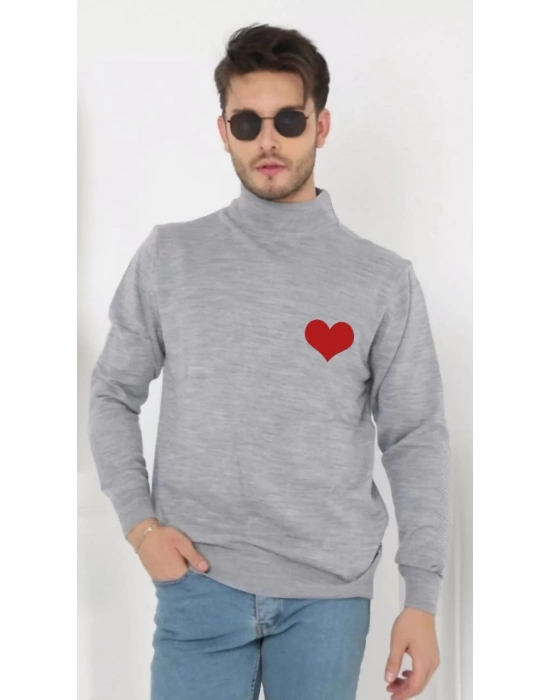 Yarım Boğazlı Baskılı Dokuma Triko - Gri