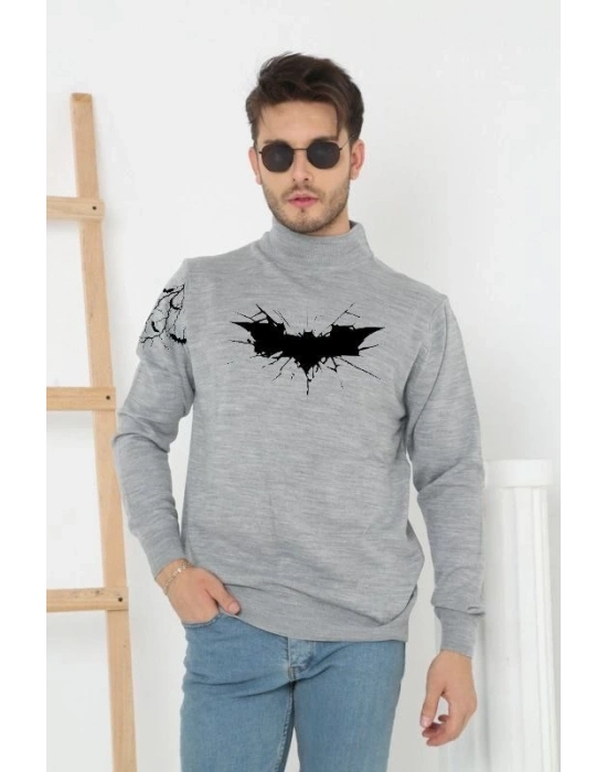 Yarım Boğazlı Baskılı Dokuma Triko -Gri