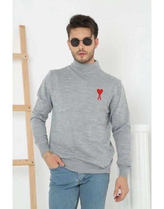 Yarım Boğazlı Baskılı Dokuma Triko - Gri