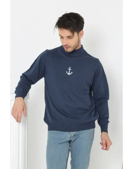 Yarım Boğazlı Baskılı Dokuma Triko - Indigo